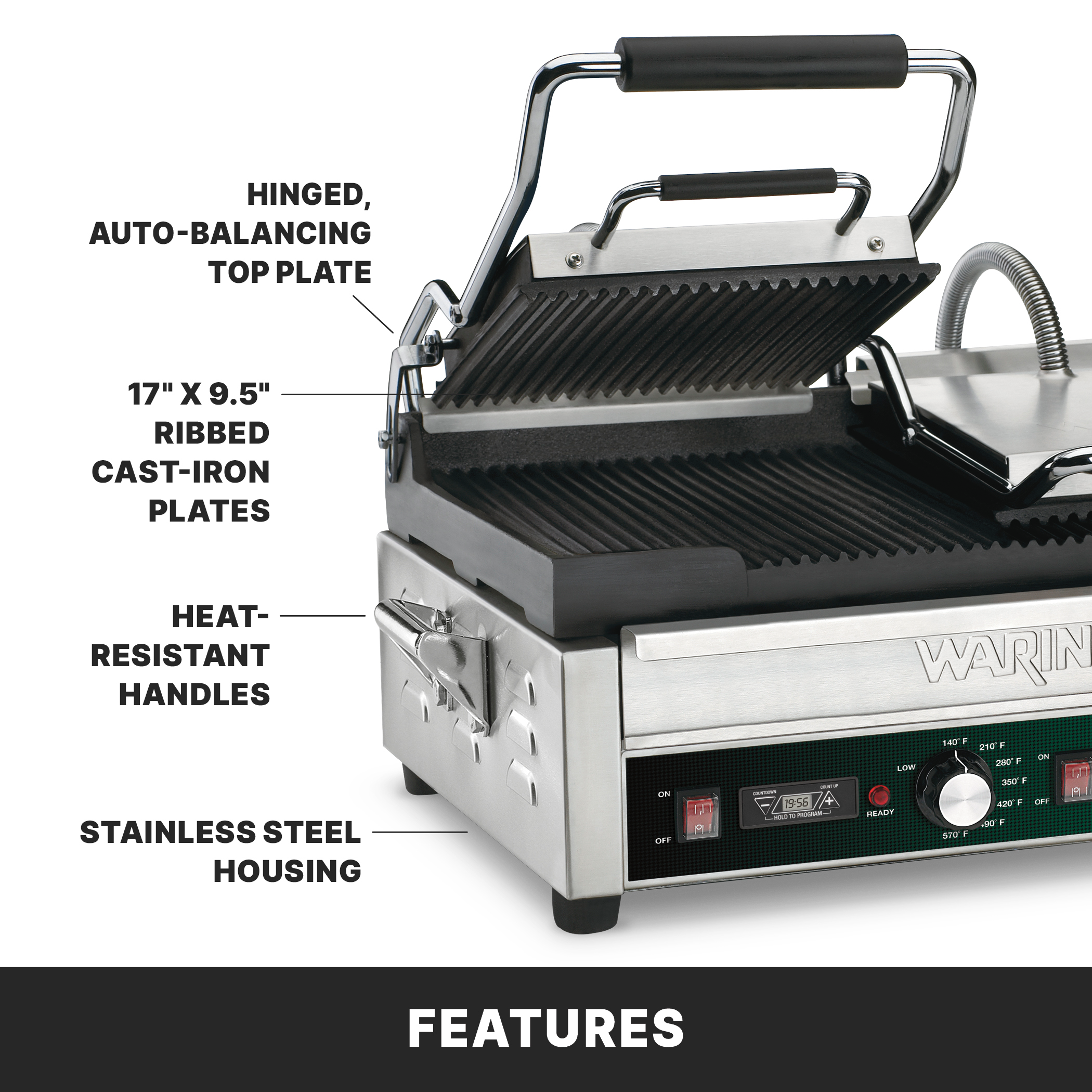 Double Ribbed Panini Grill with Timer, 17" x 9.5"